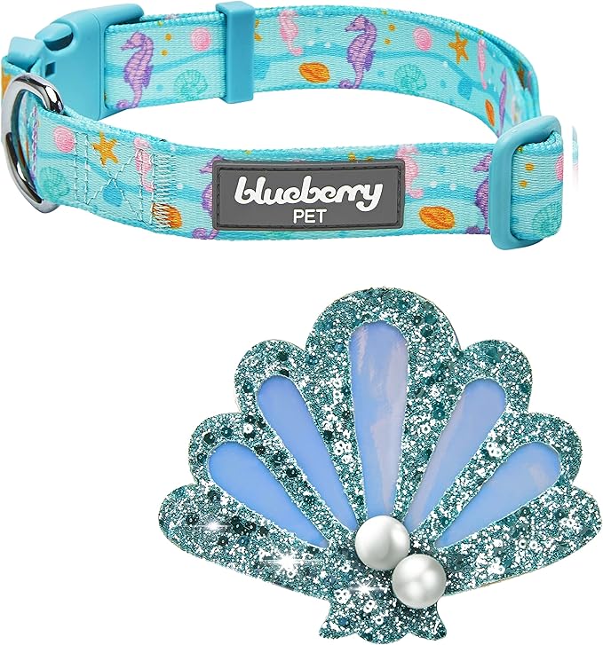 Blueberry Pet Summer Sparkle Dog Collar, Adjustable Small Size, Neck 12"-16", Turquoise, Ocean Fish and Seahorse Print Nautical Pet Collar with Detachable Seashells Accessory