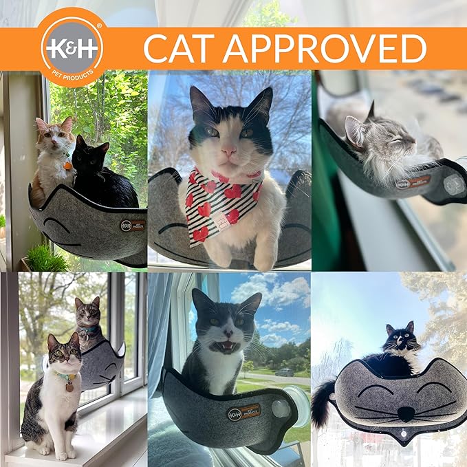 K&H Pet Products EZ Mount Kitty Face Cat Window Perch Bed, Sturdy Cat Window Hammock with Strong Suction Cups, Washable Sleeping Pad, Fits 30" W X 15" H Glass Spaces - Gray Kitty Face Design