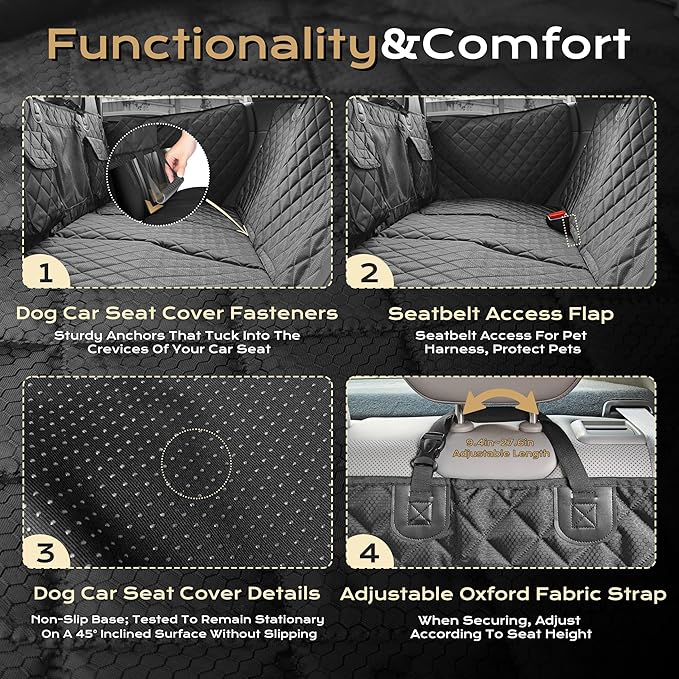 Dog Car Seat Cover for Back Seat, Scratch & Tear Resistant Hard Bottom Dog Hammock & Extender with 450LBS Support - Waterproof, Non-Slip, Full Seat & Door Protection for SUV, Truck, Sedan