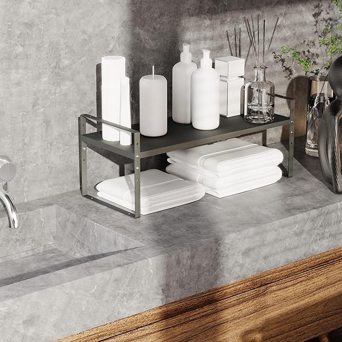 Expandable Stackable Spice Rack Cabinet Shelf Organizer in Cabinets Shelves Kitchen Cupboard Organization Stack up Racks Pantry Countertop Storage (Gray, Large 2 Packs)