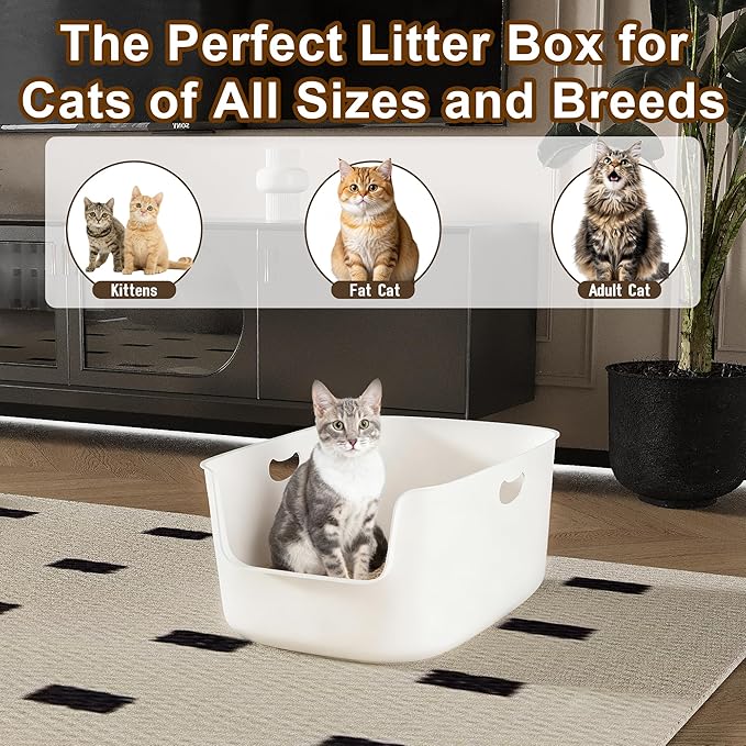 Low Entry High Sided Plastic White Cat Litter Box 22.8x15x8.66 Inch with Splash Guard - One-Piece Smooth Interior Easy Clean for Senior Kittens Mobility-Impaired Cats & Large Breeds