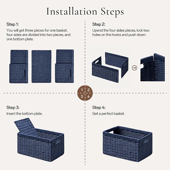 joybest Wicker Baskets, Woven Paper Rope Storage Baskets for Organizing, Rectangular Storage Bins for Shelves with Handles for Pantry, 13.4L x 8.3W x 7.1H inch, 2-pack Navy Blue