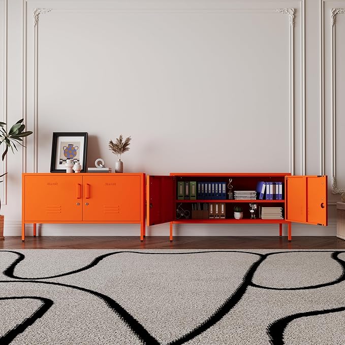Orange Metal Storage Cabinet with Lock, 2-Door Wide Organizer, Adjustable Shelves, Multifunctional TV Stand & Entertainment Center for Bedroom, Living Room, 24" H x 39.4" W x 15" D
