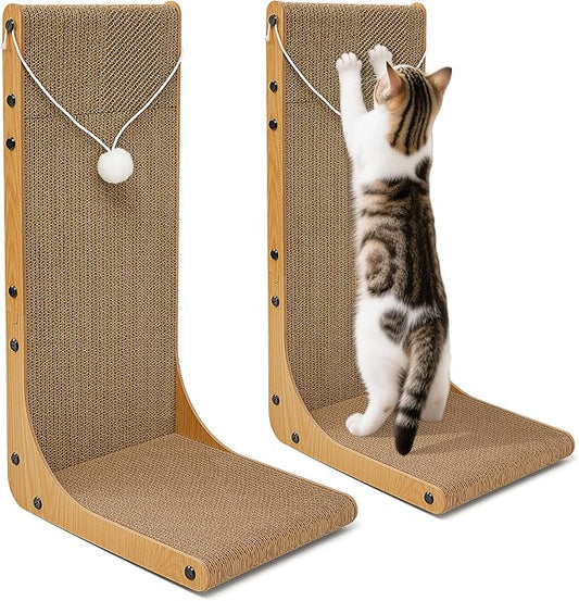 Value 2-Pack 23.6 Inch L-Shaped Cardboard Cat Scratcher, Dual Use (Vert/Horiz) Scratch Pad with Toy Balls, Wall-Mountable Furniture Protector Cat Scratchers for Indoor Cats