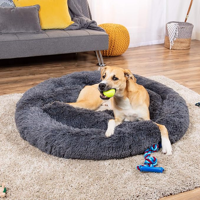 Best Choice Products 45in Dog Bed Self-Warming Plush Shag Fur Donut Calming Pet Bed Cuddler w/Water-Resistant Lining, Raised Rim - Gray