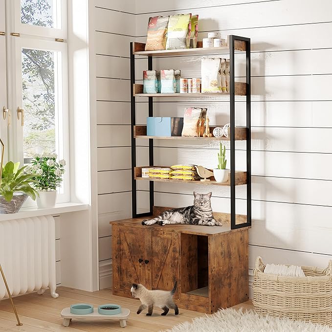 IRONCK Litter Box Enclosure with 4 Shelves and Doors, Large Wood Cat Litter Box Furniture Hidden with Storage and Scratch, Fit Most of Litter Box, Vintage Brown