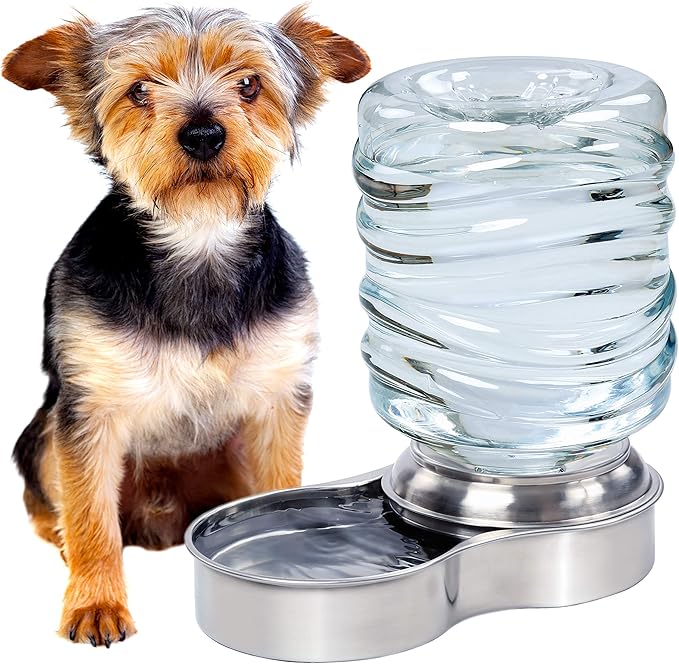 Bundaloo Dog Water Bowl Dispenser - Automatic Slow Refilling System Keeps Stainless Steel Drinking Dish Filled - Refillable 3 Liter Bottle, Non-Skid Feet - Clean, Safe, & Fresh Drink for Pet Dogs