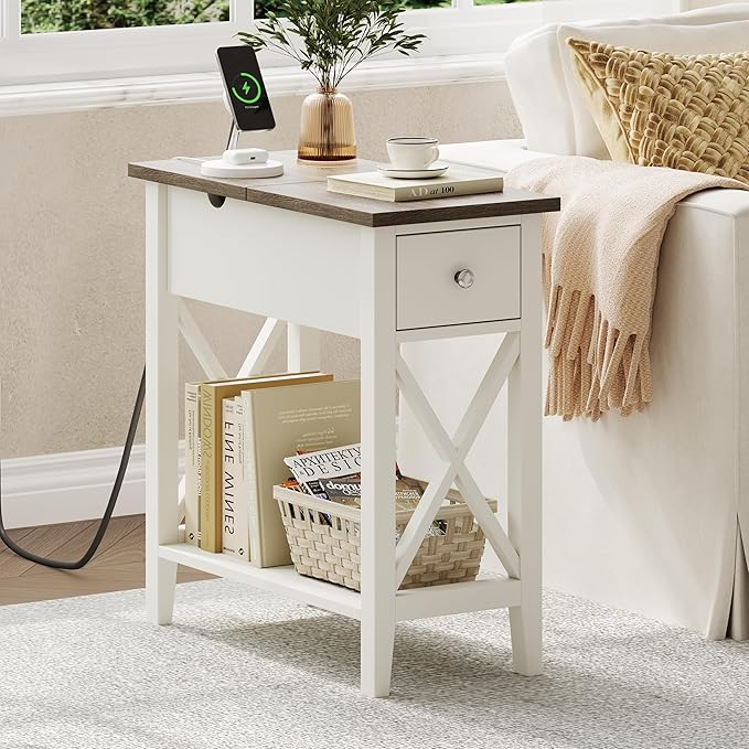 ChooChoo Farmhouse End Table with Charging Station, Accent Small Side Table Nightstand for Living Room, Bedroom, and Small Spaces, Soft White