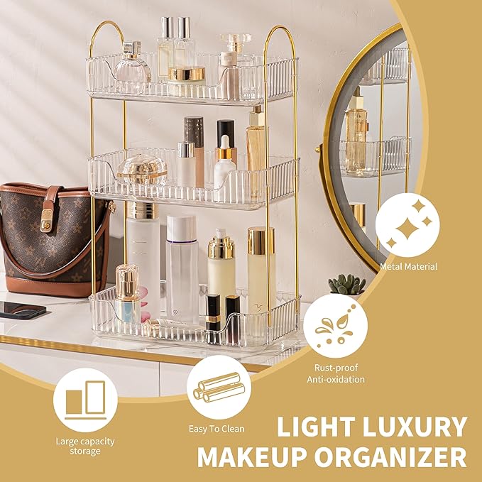 YCIA&DONE Bathroom Organizer Countertop, Makeup Storage, Skincare Cosmetic Tray Shelf, Perfume Holder Rack for Vanity Counter, Large Capacity, Easy to Install, Clean, 3 Tiers, Clear White