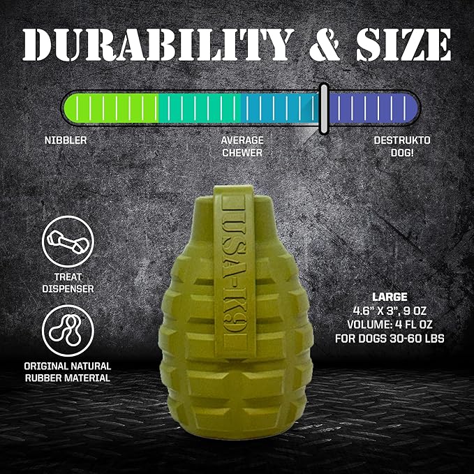 SodaPup USA-K9 Grenade – Durable Dog Treat Dispenser and Chew Toy Made in USA from Non-Toxic, Pet Safe, Food Safe Natural Rubber Material for Mental Stimulation, Problem Chewing, Calming Nerves & More