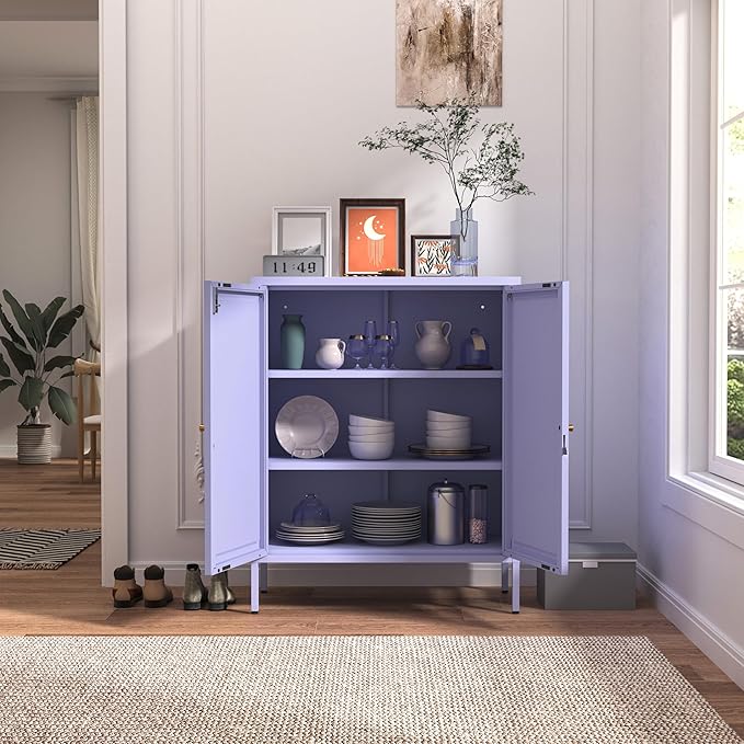2-Door Lockable Metal Storage Cabinet, Square Stamped Steel Door with 2 Adjustable Shelves, Multifunctional Organizer for Home Office School, Purple 36" H X 31.5" W X 13.8" D