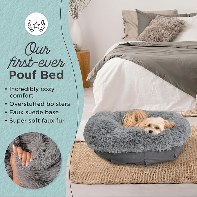 Best Friends by Sheri Ultra Calming Pouf Bed, Orthopedic Round Dog Bed for Joint Support, Faux Fur, Washable Cover, Gray, Small, 23"x23"