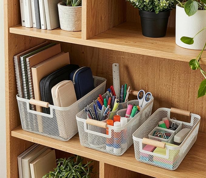 2-Pack Metal Mesh Basket, Medium Wire Storage Organizer with Wood Handle for Kitchen Pantry, Bathroom, Cabinet, Closet, Picnic & Home Organization , Medium, White