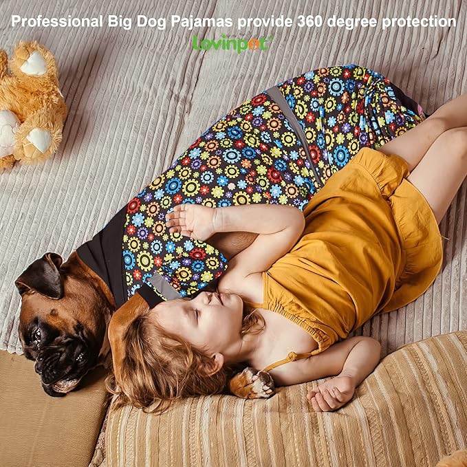 LovinPet Large Big Dog Onesies, Wound Care/Post Surgery Dog Shirt, Stop Shedding for Dogs, Pet Anxiety Relief Pajamas, PJ's for Dogs, Reflective Stripe, Gears and Black Print, Pet PJ's, 2XL
