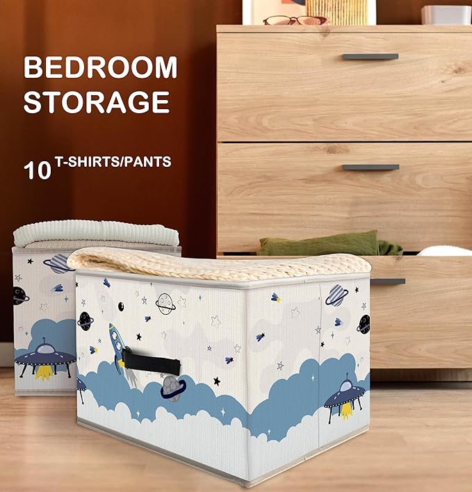 Nogrit Blue Space Storage Bins Box, Toybox for Boys, Outer Space Planets Spacecraft Foldable Baskets Organizer Container with Handles for Kids Boys Bedroom Bathroom Clothes Toys Books