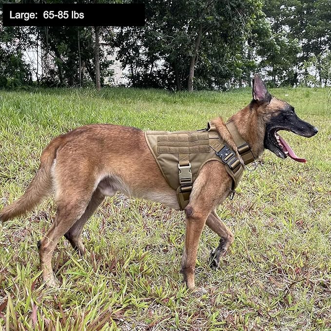 ICEFANG Tactical Dog Harness, Large Size,2X Metal Buckle,Working Dog MOLLE Vest with Handle,No Pulling Front Leash Clip,Hook and Loop Panel (Brown,L (Pack of 1))