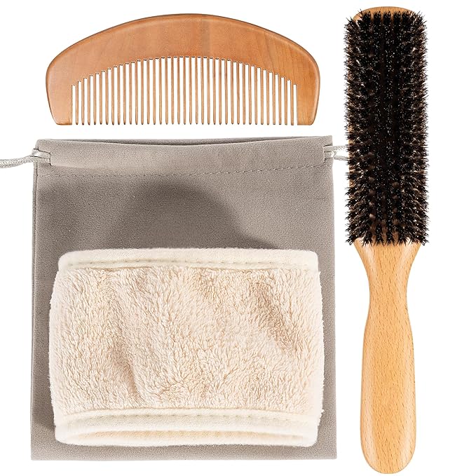 4PCS Boar Bristle Hair Brush Comb Set for Women Men Kid, Soft Natural Slick Back Hair Brush for Thin & Fine Hair, Travel Bag & Spa Headband Included