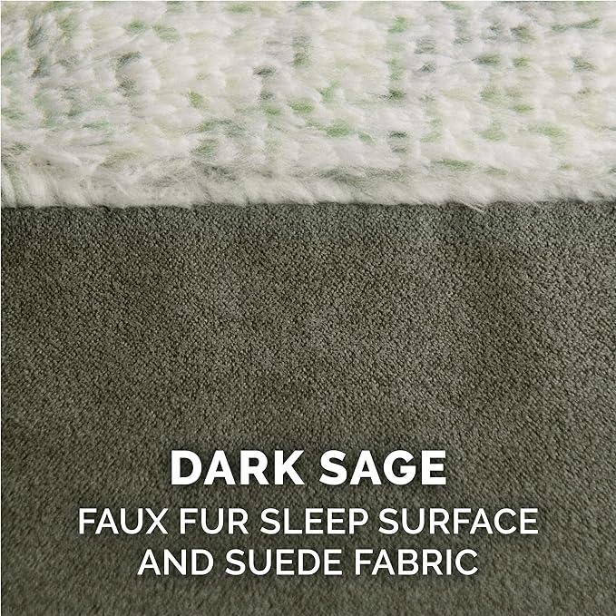 Furhaven Cooling Gel Dog Bed for Large/Medium Dogs w/ Removable Bolsters & Washable Cover, For Dogs Up to 55 lbs - Two-Tone Plush Faux Fur & Suede L Shaped Chaise - Dark Sage, Large