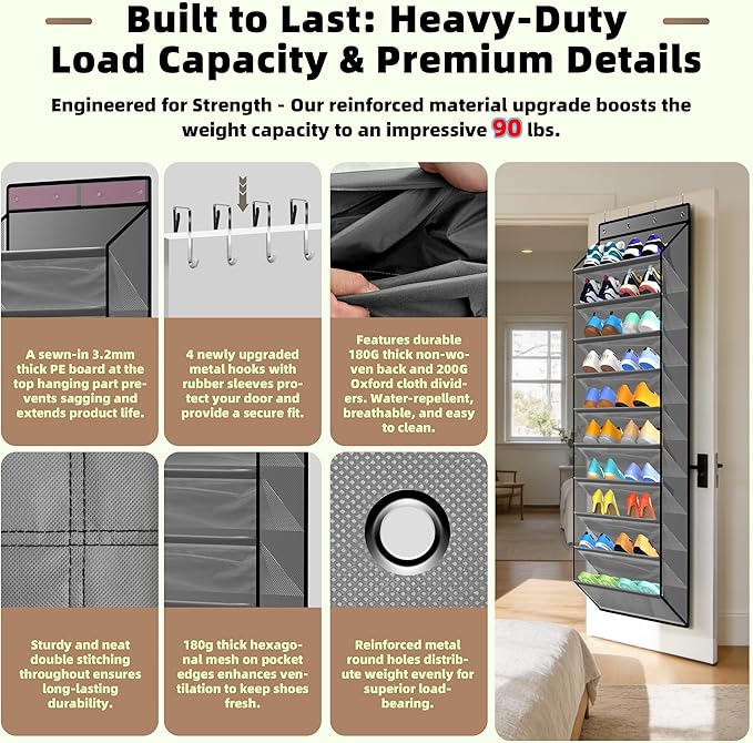 PAULONE 10-Pocket Multi-Use Over the Door Organizer, Heavy Duty 95lbs Capacity with Breathable Mesh, Versatile Hanging Storage for Shoes, Toys, Office Supplies-Classic (Slate Grey, 10-Shelf,)