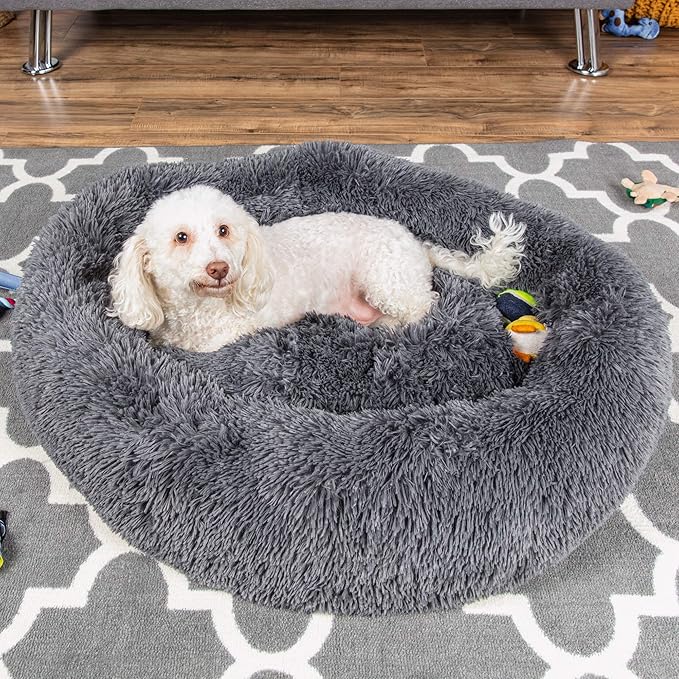 Best Choice Products 36in Dog Bed Self-Warming Plush Shag Fur Donut Calming Pet Bed Cuddler w/Water-Resistant Lining, Raised Rim - Gray