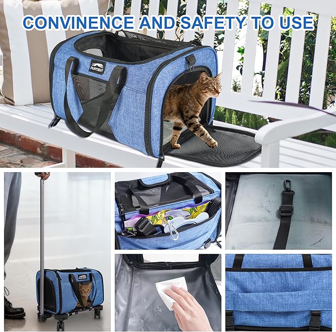 Cat Carrier with Wheels – Airline Approved Pet Travel Backpack, Soft-Sided Collapsible Rolling Carrier for Cats and Small Dogs, Expandable Top Loading Ventilated Design, Blue