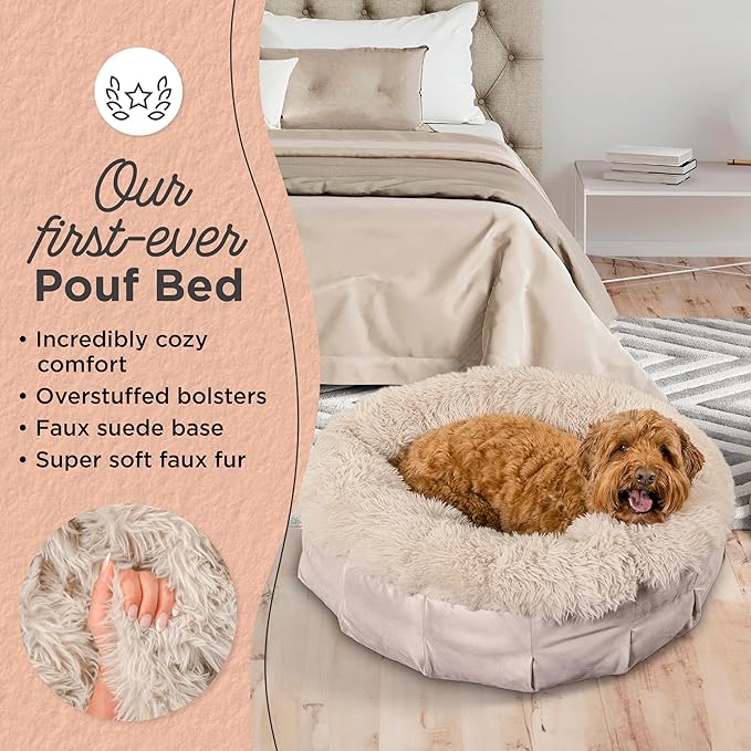 Best Friends by Sheri Ultra Calming Pouf Bed, Orthopedic Round Dog Bed for Joint Support, Faux Fur, Washable Cover, Tan, Medium, 30"x30"