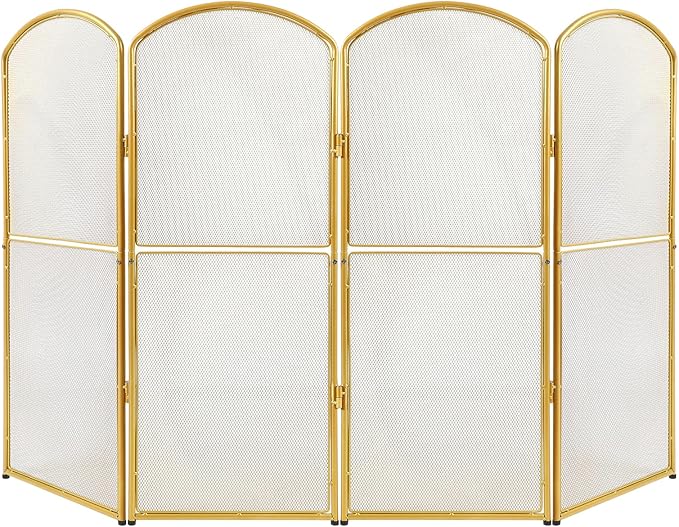 4-Panel Gold Fireplace Screen,47.8" W x 31" H,Foldable Fire Spark Guard with Wrought Metal Mesh,Modern Decorative Fire Place Gate for Living Room,Baby and Pet Proof,Home Decor,Easy Assembly