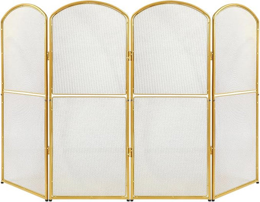 4-Panel Gold Fireplace Screen,47.8" W x 31" H,Foldable Fire Spark Guard with Wrought Metal Mesh,Modern Decorative Fire Place Gate for Living Room,Baby and Pet Proof,Home Decor,Easy Assembly