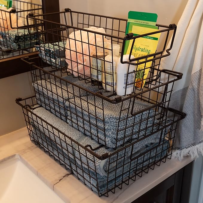 Set of 3 Storage Bins - Basket Set for Toy, Kitchen, Closet, and Bathroom Storage - Small, Medium, and Large Shelf Organizers by Home-Complete (Brown)