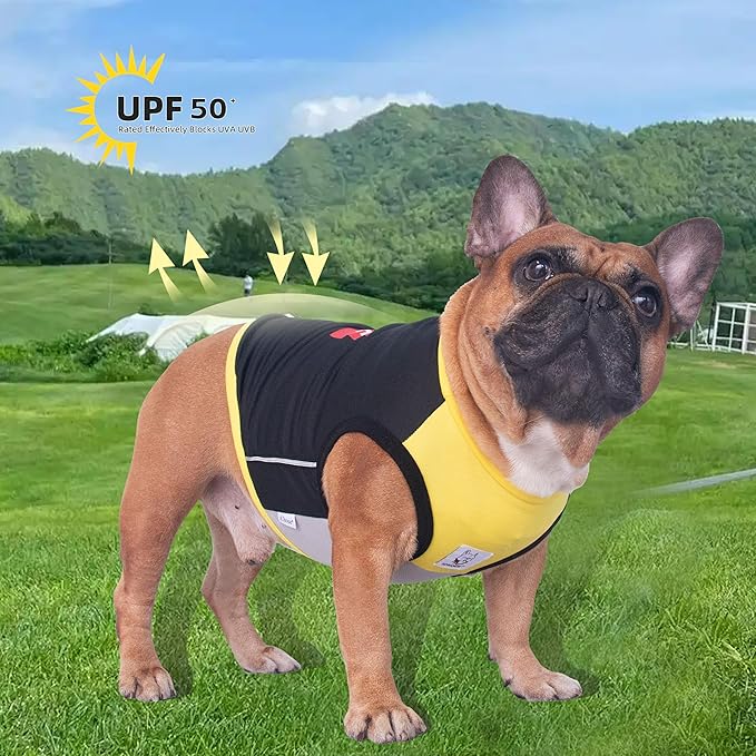 iChoue French Bulldog Summer Cooling Shirt for Dogs UV Sun Protection Vest Sleeveless Stretchy Tank Top English Pug Yellow Black - Medium