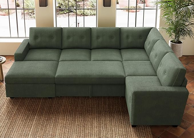 HONBAY 106.2 Inch U-Shaped Sectional Sleeper Sofa with Pull-Out Bed & Storage Ottoman, 7-Seater Sectional Sofa for Living Room, Pet-Resistant Corduroy Couch, Green
