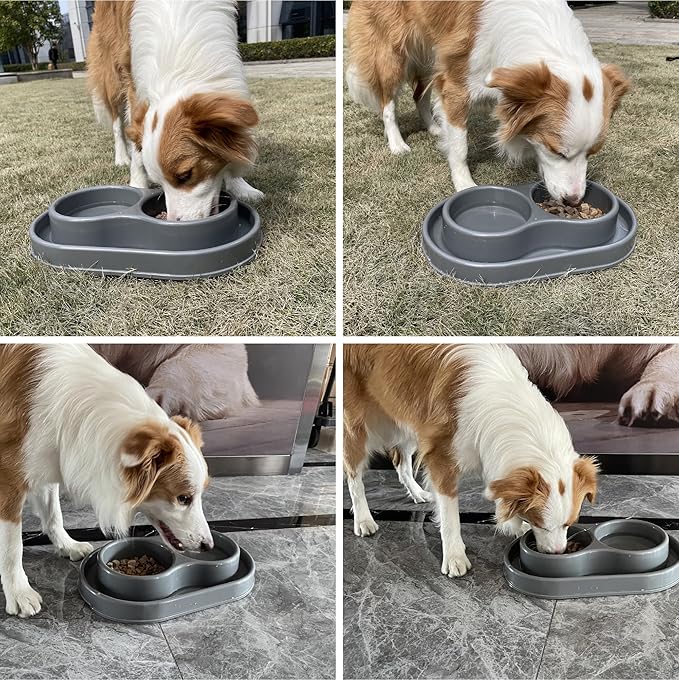 PetLike Ants Away Double Pet Feeding Bowls Dog Water and Food Bowls,6 cups/48oz Pet Feeder Bowls for Medium Large Dogs Cats (Grey, 15.5X9.5X2.75 INCH)