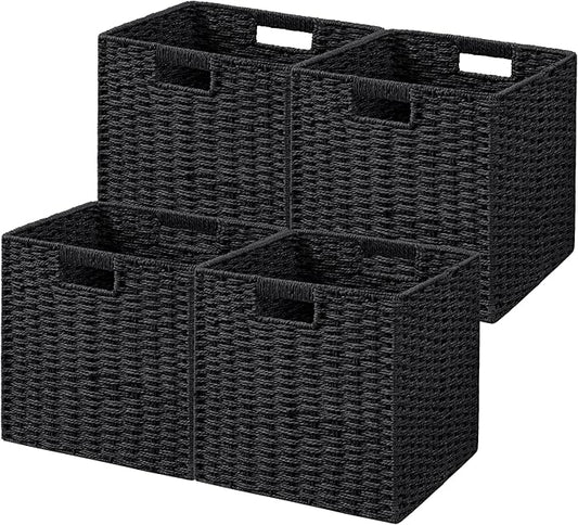 UBBCARE 4 Pack Wicker Basket, 11L×11H×10.5W inch Woven Paper Rope Storage Baskets for shelves, Foldable Cube Storage bin with Handle, Storage Basket for Organizing & Decor, Black