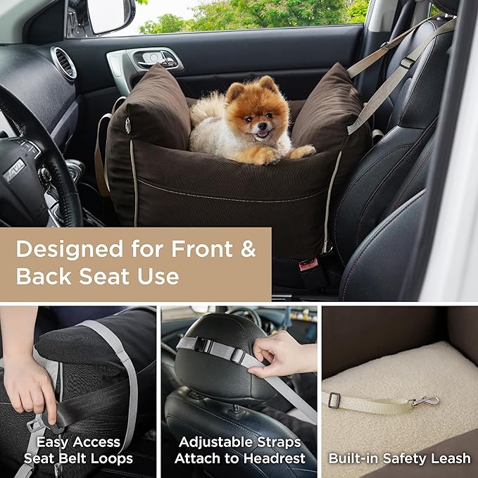 Lesure Small Dog Car Seat for Small Dogs - Soft Dog Booster Seat for Car with Storage Pocket and Clip-On Safety Leash and Thickened Memory Foam Filling, Pet Travel Carrier Bed Brown