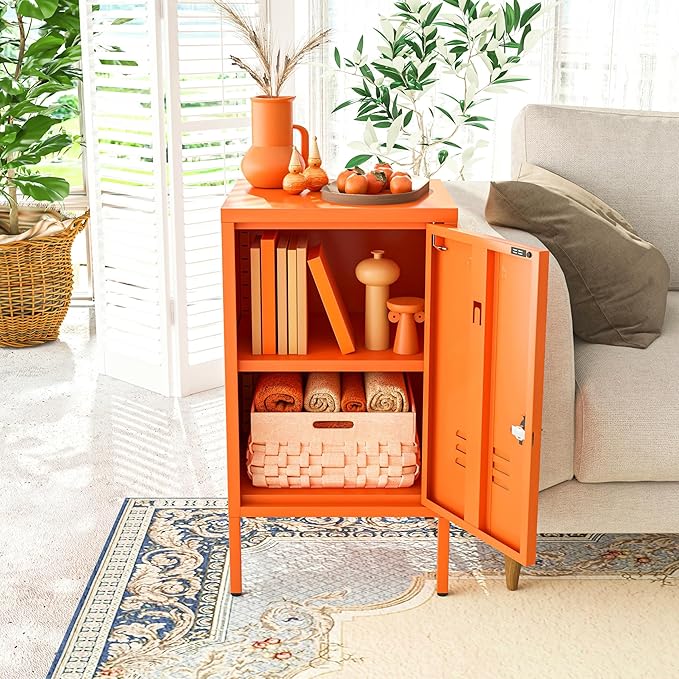 Single Door Lockable Metal End Table, 2-Tier Storage Cabinet with Adjustable Shelf, Easy Assembly Side Table for Living Room Bedroom Home Office, Orange 28" H x 13.8" W x 15" D