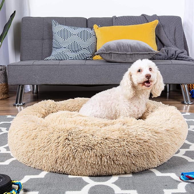 Best Choice Products 36in Dog Bed Self-Warming Plush Shag Fur Donut Calming Pet Bed Cuddler w/Water-Resistant Lining, Raised Rim - Brown