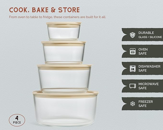 Glass Storage Container Set, Borosilicate Glass, Tempered Glass Lids, Baking Pan, Airtight with Vents, Microwave, Oven & Dishwasher Safe, (Circular - Set Of 4)