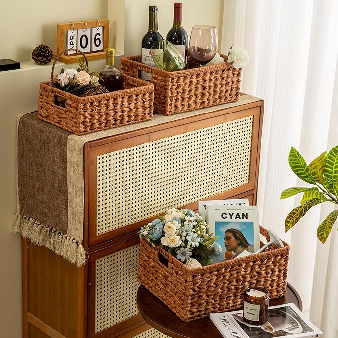 Set of 3 Wicker Storage Baskets, Decorative Baskets With Built-in Handles, Multipurpose Nesting Countertop Baskets for Shelves, Kitchen Organizers, Pantry, Bathroom, Toilet, Closet (Natural)