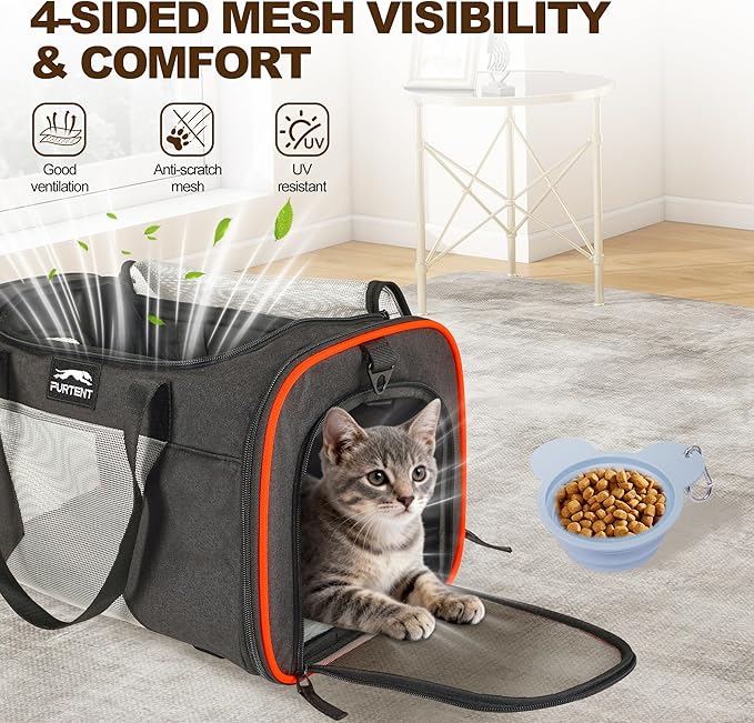 Pet Carrier Airline Approved with Wheels, Rolling Airline Cat Carrier Underseat up to 13lbs, Soft-Sided Cat Carriers for Kitten and Puppy with Shoulder Strap and Pet Bowl 16.5 * 11 * 10.2in, Black