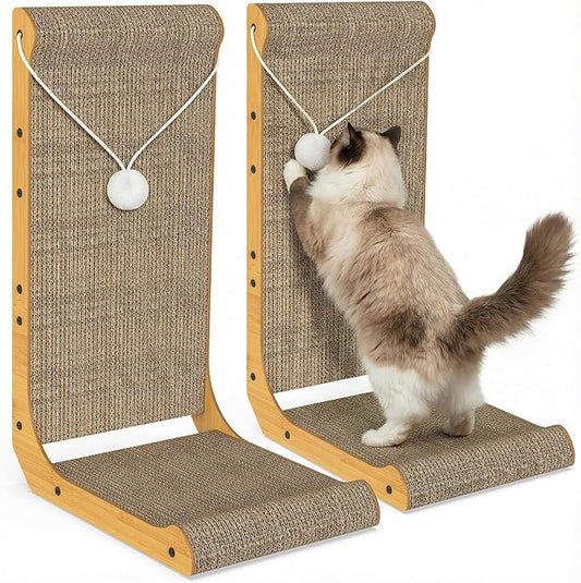 2-Pack Cat Scratching Board, 25.6'' Tall L-Shaped Cardboard Cat Scratcher with Hanging Ball Toy & Raised Edges, Vertical Cat Scratching Post for Indoor Cats, Wall & Couch Protector