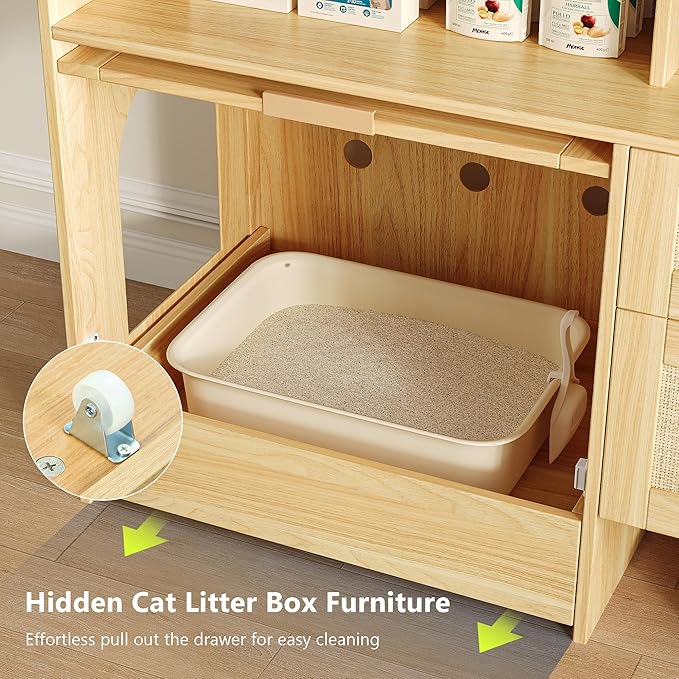 Cat Litter Box Furniture 42'' Hidden Enclosure with Litter Drawer, Litterbox Cabinet with Storage, Boho Rattan Style Indoor Cat House Washroom, Fits Most of Litter Boxes