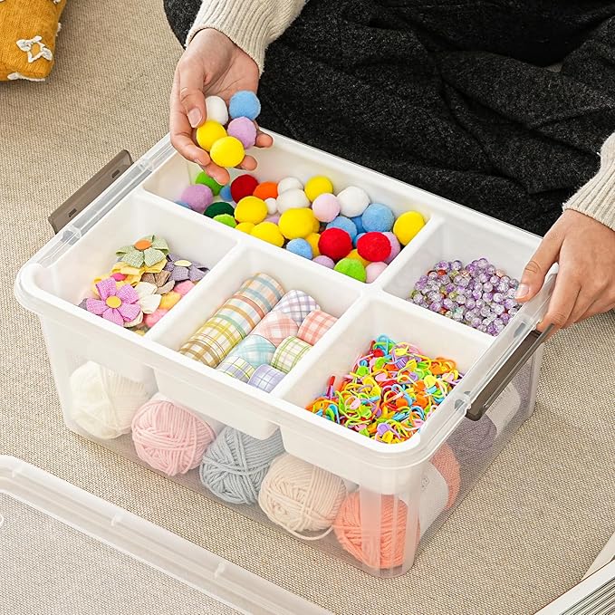 17 QT Plastic Storage Box with Removable Tray Art Supply Craft Organizers and Storage Stackable Storage Container for Organizing Bead, Tool, Sewing, Book, Crayon, Playdoh(Clear)
