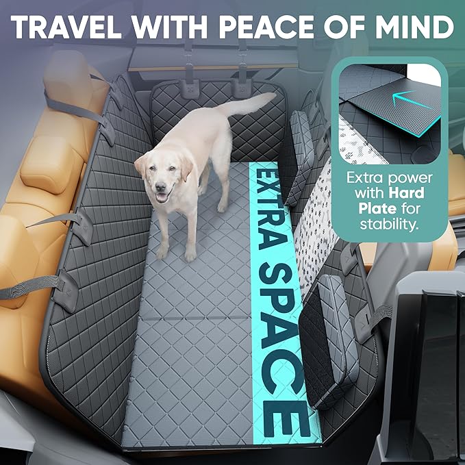 Hard Bottom Dog Car Seat Cover for Back Seat, 900D Oxford Waterproof Pet Seat Extender Supports 400lbs, Car Seat Protector and Hammock for Dogs, Compatible with Car, SUV, Truck
