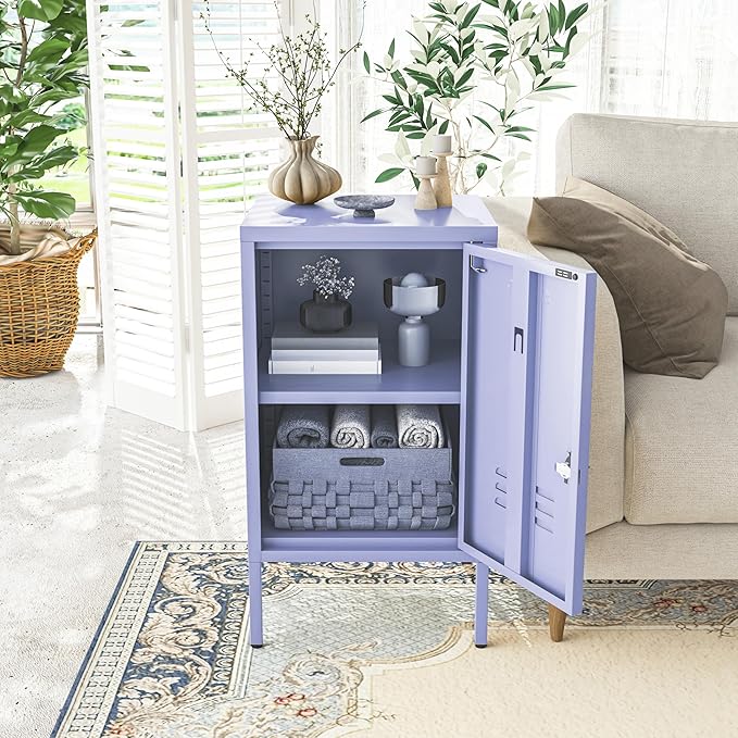 Single Door Lockable Metal End Table, 2-Tier Storage Cabinet with Adjustable Shelf, Easy Assembly Side Table for Living Room Bedroom Home Office, Purple 28" H x 13.8" W x 15" D