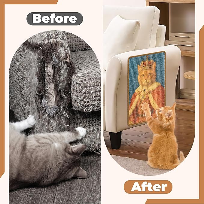Sisal Cat Scratcher Mat, Cat Wall Scratcher for Indoor Cats, 23.6x15.7 Inch Cat Scratch Pad with Hook & Loop, Wall Mounted Cat Scratching Post to Protect Couch and Carpet（Elegant Cat）