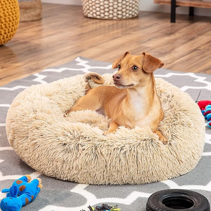 Best Choice Products 23in Dog Bed Self-Warming Plush Shag Fur Donut Calming Pet Bed Cuddler w/Water-Resistant Lining, Raised Rim - Brown