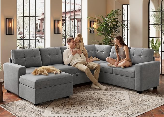 HONBAY 106.2 Inch U-Shaped Sectional Sleeper Sofa with Pull-Out Bed & Storage Ottoman, 7-Seater Sectional Sofa for Living Room, Pet-Resistant Fabric Couch, Grey