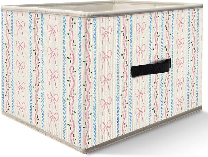 Nogrit Preppy Pink and Blue Storage Bins Box, Toybox for Girls, Coquette Pink Bow Blue Striped Foldable Baskets Organizer Container with Handles for Girls Bedroom Dorm Bathroom Clothes Toys Books