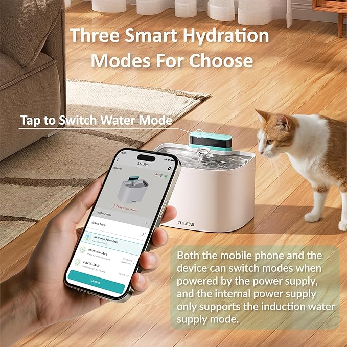 PET LAYSON Pumpless Cat Water Fountain,App Remote Control Smart Cordless Battery Operated 3.6L/122oz Wireless 2.4GHz Wi-Fi Networks Rechargeable Water Dispenser (Black, M1Pro-2 Filter)