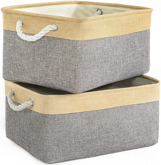 TheWarmHome Storage Basket for Organizing - 3 Pack 14x10x7 inch Large Collapsible Storage Bin for Shelves, Fabric Storage Cubes for Organizer ClosetCloth Gift Toy (Grey & Gold)